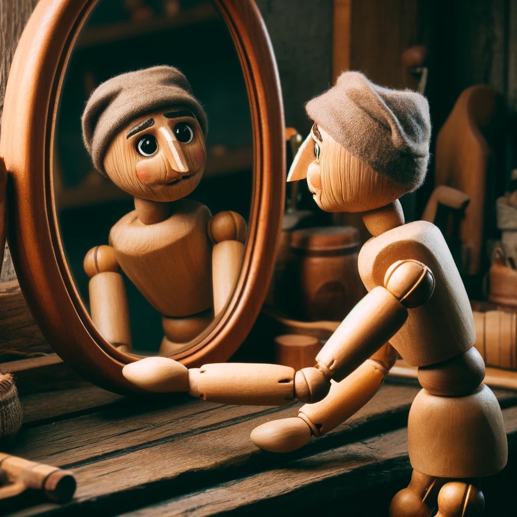Pinocchio si guarda allo specchio e scopre se stesso